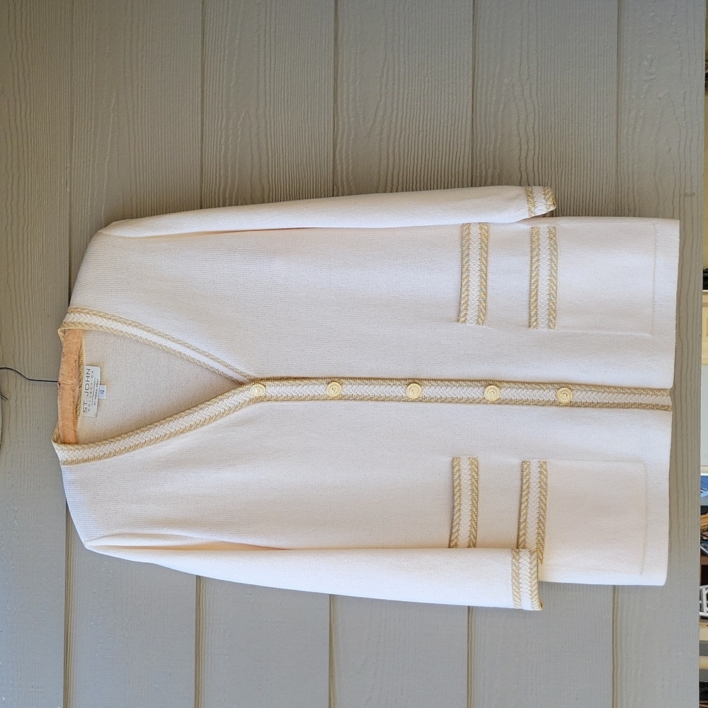 St. John Coll.Maria Gray Button Down Ivory Santana Knit Cardigan Sweater Size 12